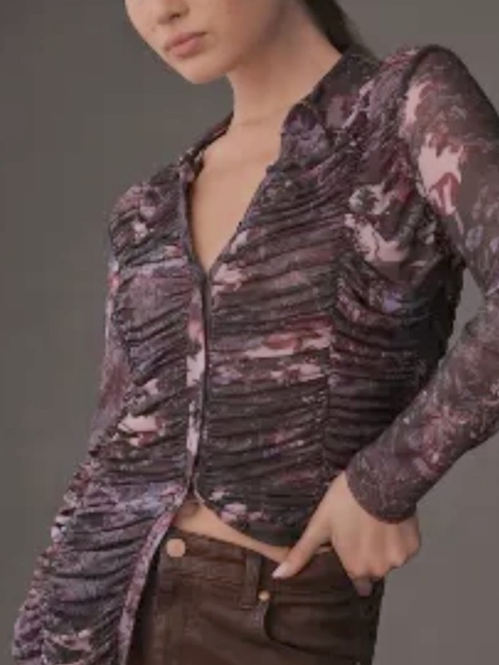 Anthropologie Tops - Anthropologie Purple Ruched Sheer Long-Sleeve Blouse XS